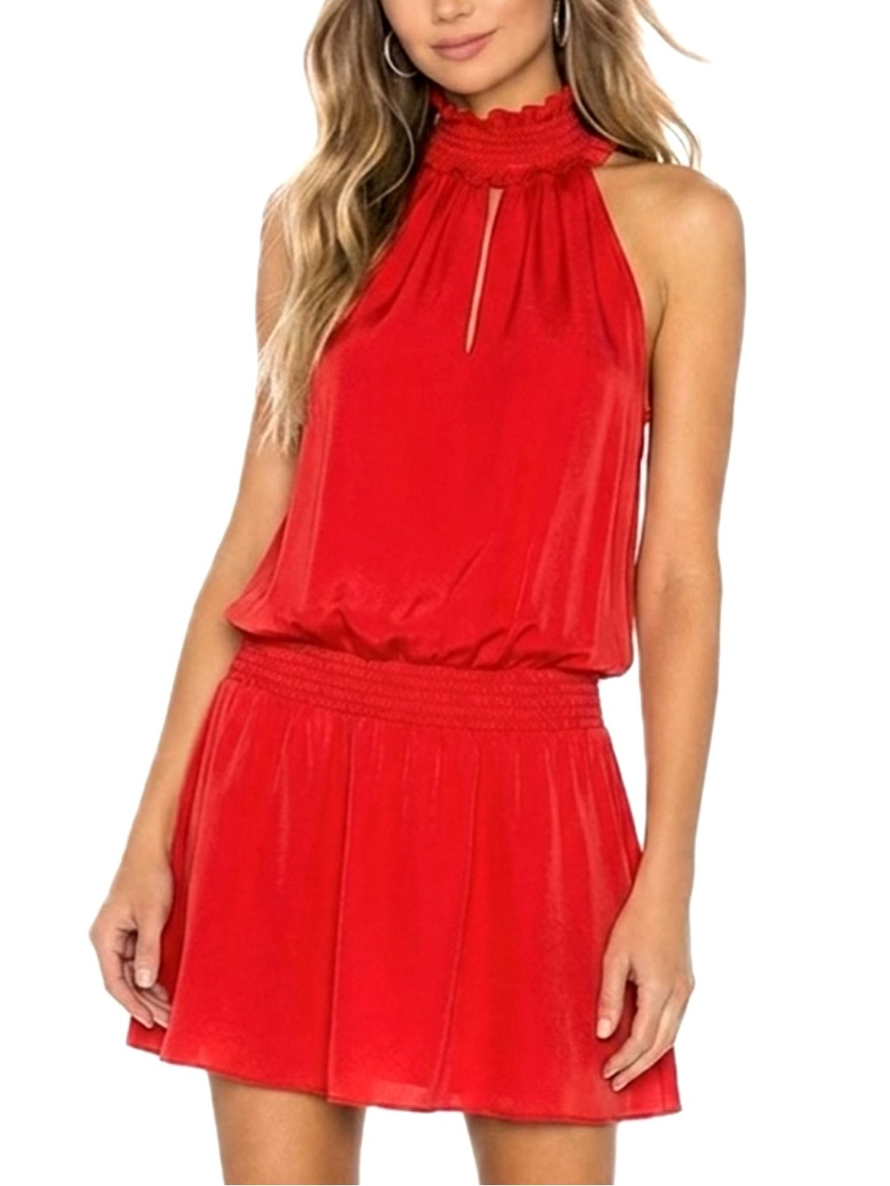 Amanda Uprichard Smocked Mock Neck Mini Dress Size XS Red Sleeveless Drop Waist